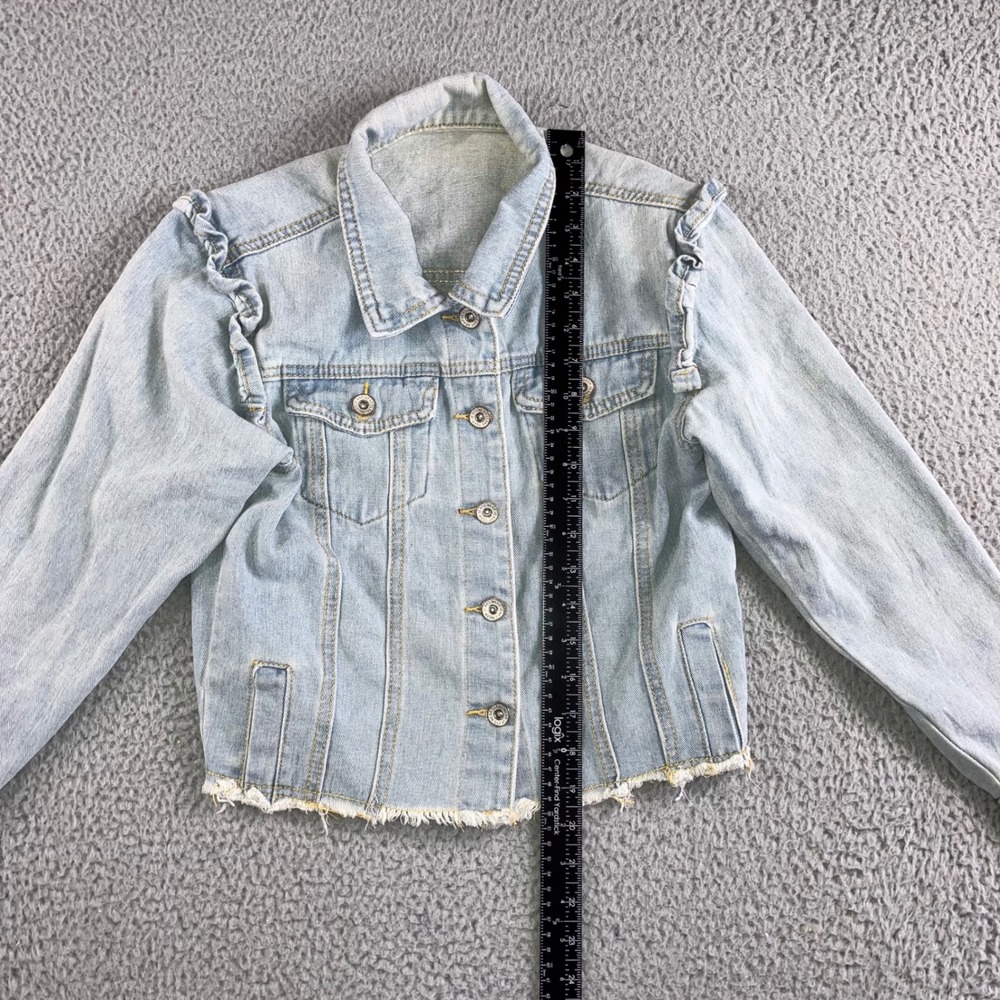 Ruffle Shoulder Denim Jacket Women S Light Wash Raw Hem Cropped Western Spring - Picture 4 of 12